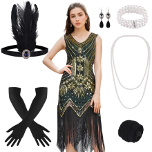Damen Kostüm Retro 20er Jahre Kleid Great Gatsby Grün L — flapper kleid pailletten, mottoparty outfit damen