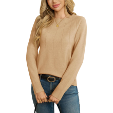 Damen Strickpullover mit langen Ärmeln gerippt elegant Beige XL — feinstrick pullover damen, herbstmode frauen beige