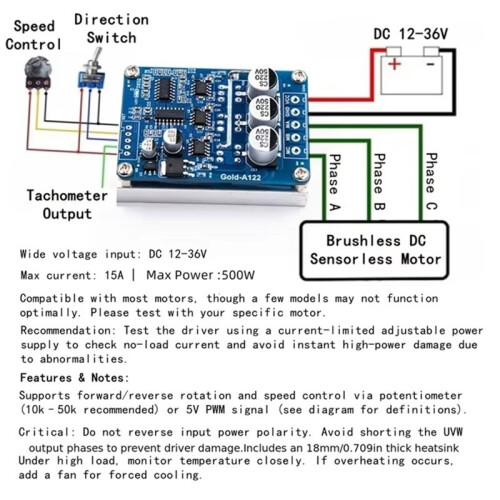 500W 15A  12V-36V Brushless Motor Driver Board Hall-Free Speed Controller Module 2