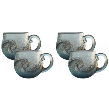 4X Taza de Vidrio Marino con Forma de Ola, con Textura Playera, Hecha A Mano con Remolinos, Ideal para Té, Café, Vino o Cócteles.