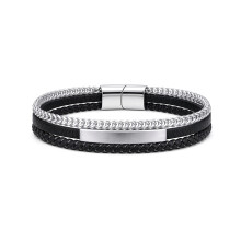 Jewelco London Black Leather Stainless Steel Strap Bracelet 8" 21cm - BRC209