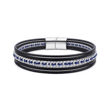 Jewelco London Black Leather Stainless Steel Strap Bracelet 8" 21cm - BRC208