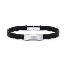 Jewelco London Black Leather Stainless Steel Strap Bracelet 8" 21cm - BRC204
