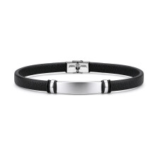 Jewelco London Black Leather Stainless Steel Strap Bracelet 8" 21cm - BRC203