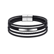 Jewelco London Black Leather Stainless Steel Strap Bracelet 8" 21cm - BRC205