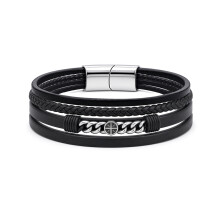 Jewelco London Black Leather Stainless Steel Strap Bracelet 8" 21cm - BRC202