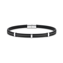 Jewelco London Black Leather Stainless Steel Strap Bracelet 8" 21cm - BRC207