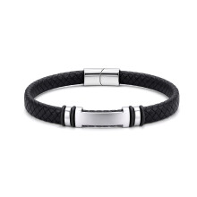 Jewelco London Black Leather Stainless Steel Strap Bracelet 8" 21cm - BRC206