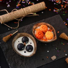 Creative coconut bowl scented candles, Halloween-themed fragrance gifts, party supplies.