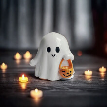figuras de fantasmas de Halloween con cubo de calabaza, estatua de fantasma adorable de resina pulida, pequeña decoración de