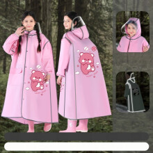 Impermeable rosa infantil con visera transparente y tiras reflectantes – Bonito poncho de osito feliz para niñas | Talla 2XL