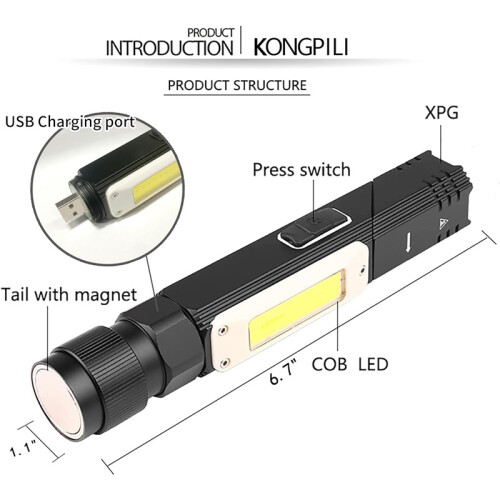 Rechargeable LED Flashlight 1000 Lumens with 5 Modes, 90 Degree Foldable Magnetic Base Work Light IP65 Waterproof - Practical Choice 1