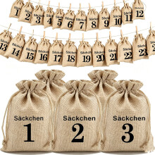 Lot de 24 sacs calendrier de l'Avent en toile de jute – Pochettes à cordon numérotées de 1 à 24 avec 24 attaches et 10 m de
