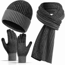 Dreiteiliges Winterstrickset für Herren – Mütze, Schal und Touchscreen-Handschuhe in Alpaka-Optik | Das perfekte Weihnachts-