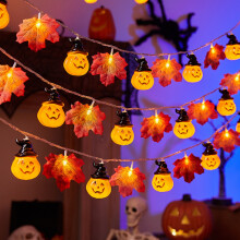 Halloween-Lichterkette, 3 m, 20 LEDs, Kürbis-, Hexenhut- und Ahornblatt-Design, LED-Dekorationslichter für Partys, kreatives