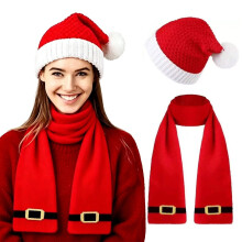 Weihnachtsmütze und Schal-Set für Erwachsene, rote Strickmütze mit Bommel, mit Gürtelschnallenverzierung, warmes Set für Wint