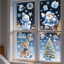 Pegatinas navideñas azules para ventanas: 53 adhesivos electrostáticos de doble cara con Papá Noel, muñeco de nieve y reno |