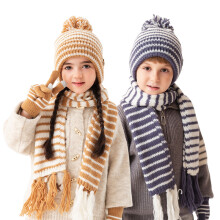Conjunto de punto de invierno para niños (6 piezas): 2 gorros, 2 bufandas y 2 pares de guantes | Gorro con pompón a rayas y b