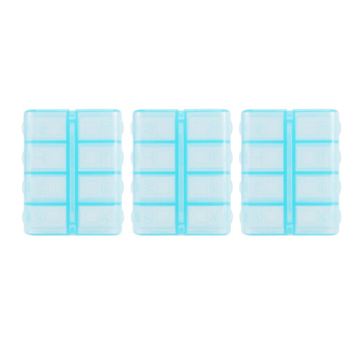 Pastillero rectangular de plástico azul con 8 compartimentos.