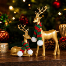 Adornos navideños de renos dorados (juego de 2) | Bufanda de punto para decoración de mesa | Decoración festiva de lujo para