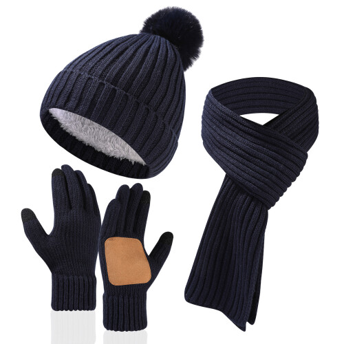 Conjunto de inverno de 3 peças em tricô – gorro com forro de lã, cachecol comprido e luvas com palma em camurça compatíveis 2