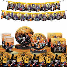 70 pieces of Halloween party tableware, including plastic tablecloths, cardboard, napkins, utensils and cups, orange ghost fl