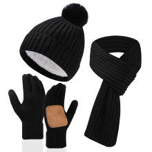 3-delige gebreide winterset – fleecegevoerde muts, lange sjaal en touchscreenhandschoenen met suède handpalm | Warme en wind