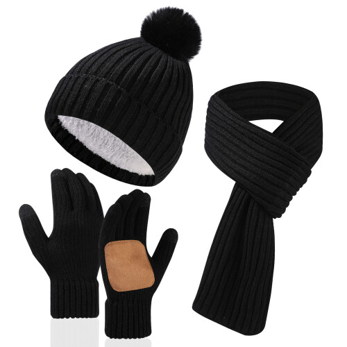 Conjunto de inverno de 3 peças em tricô – gorro com forro de lã, cachecol comprido e luvas com palma em camurça compatíveis