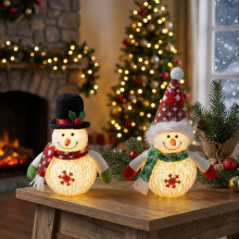2-Pack Lighted Christmas Snowman Figurines, Warm LED Glow, Plush Scarf & Hat, Tabletop Decoration, Christmas Gift