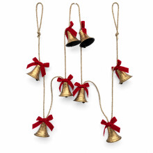 70.9in Vintage Christmas Bell Garland – 8 Pcs Gold Jingle Bells with Red Bows on Jute Rope – Rustic Xmas Hanging Ornament f