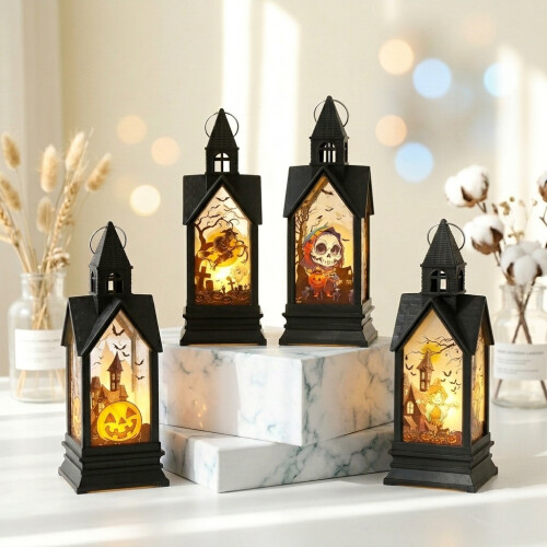 Conjunto de 4 Lanternas LED Decorativas de Halloween, Sem Chama e com Velas.