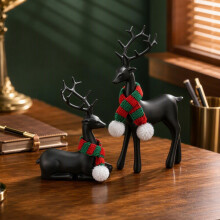 Black Reindeer Christmas Ornaments (Set of 2) | Modern Home Tabletop Decor with Knitted Scarves | Matte Luxury Festive Decora