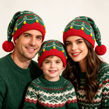 Conjunto de gorros de Natal para família (2 adultos e 1 criança), gorros de tricô vermelhos e verdes com pompom, decoração pa
