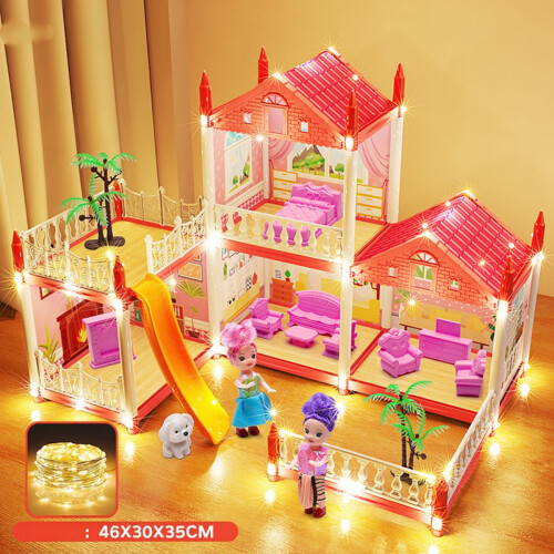 Brinquedo de montar "Mansão de Princesa" de 2 andares e 4 cômodos com luzes de LED e bonecas - Presente de Natal e Aniversári