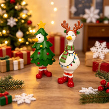 Conjunto de 2 estatuetas de patos natalinos – Decoração de mesa fofa em resina | Enfeite festivo de Natal e presente perfeit