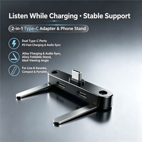 Type-C 2 in 1 Foldable Audio Charging Adapter,Metal Bracket Earphone Charging Splitter for Headset 2