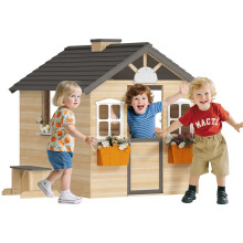 Wooden Playhouse for Kids Outdoor Wendy House with Door, windows, Bench, Service Stations, Flowerpot Holder, For Ages 3-7 Years