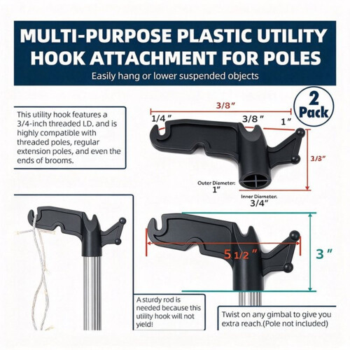 2-Pack Multi-Purpose Plastic Utility Hook Attachment for Poles-Screw- Hook 3/4" Inner Diameter Fits Threaded Poles 1