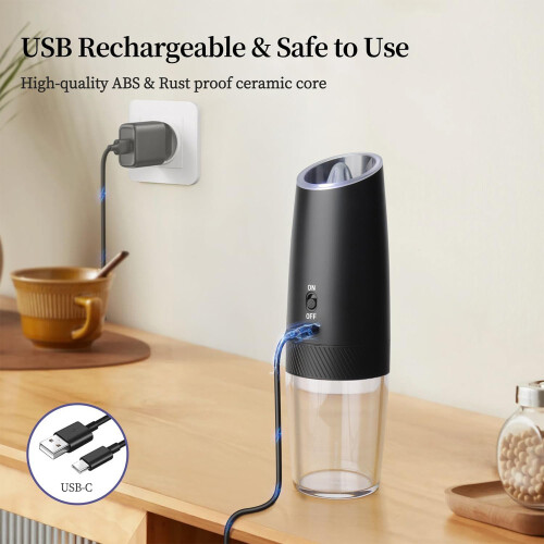 2Pcs Electric Salt Pepper Grinders Set Automatic Gravity USB-C Rechargeable LED Ceramic Adjustable Coarseness Kitchen Table BBQ Catering Gift for Home 1
