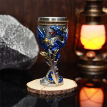 (blue) 3D Mythical Dragon Wine Goblet Stainless Steel Sculpted High Stem Cocktail Cup