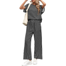 Women'S Striped 2 Piece Sets Short Sleeve T Shirts Wide Leg Pants Matching Lounge Set with Pockets Black XL