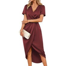 Women'S Wrap V Neck Short Sleeve Satin Midi Dress Split Hem Ruched Formal Evening Party Dresses Wine Red M