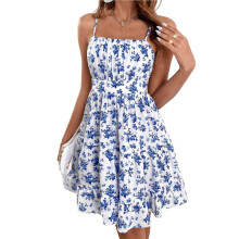 Women'S Floral Print Dress Summer Dresses Ruched Sleeveless Ruffle Hem A Sundress Sky S