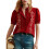Women'S Boho Embroidered Blouse Puff Short Sleeve Button  Summer Peasant Top Red XL 1