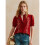 Women'S Boho Embroidered Blouse Puff Short Sleeve Button  Summer Peasant Top Red XL 2