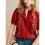 Women'S Boho Embroidered Blouse Puff Short Sleeve Button  Summer Peasant Top Red XL 5
