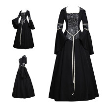 (Black, XS) Medieval Gothic Vintage Hooded Dress Court Style Vampire Punk Outfit with Bell Sleeves and Full Skirt