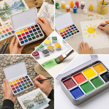 Watercolor Empty Half Pan Set with Flat & Fine Tip Brushes Magnetic Strips for Watercolor Painting DIY Art