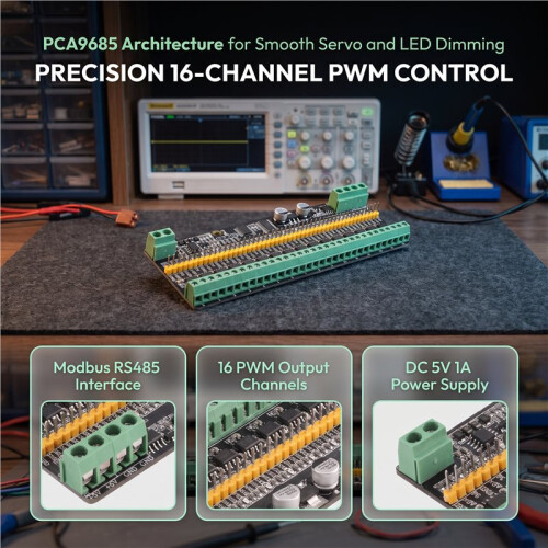 PCA9685PW Modbus RTU RS485 16-Channel PWM Controller Module for LED Dimming and Servo Control, Based  PCA9685 IC  5V 1