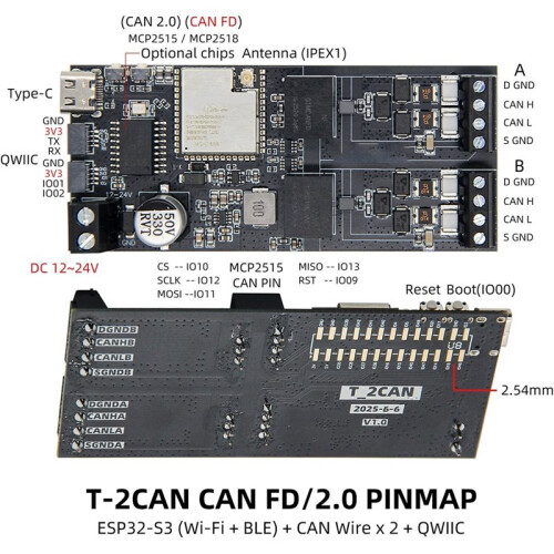 For ESP32-S3 Dual CAN FD Development Board MCP2518FD Controller CAN V2.0B 5Mbps 2.4G Wi-Fi BLE5 16MB Flash 2